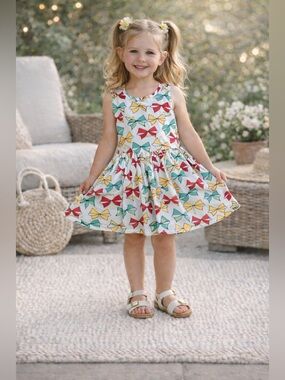Dot Dot Smile Girls Bow Print Dress White Twirl Tank Size 3/4 BNWT Cute Girly